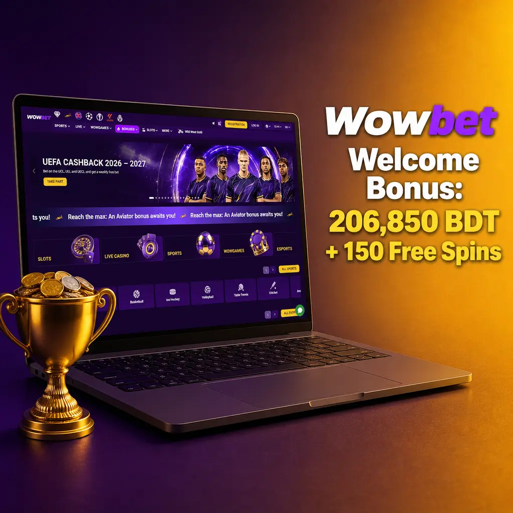 Wowbet welcome bonus: 206,850 BDT plus 150 free spins across four deposits for casino, live casino, and sports